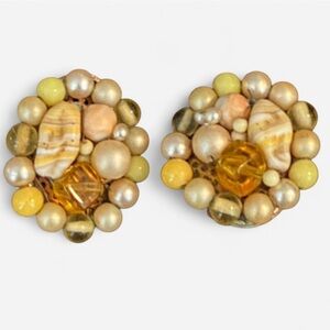 Vintage Beaded Cluster Clip-On Earrings in Amber & Cream Tones